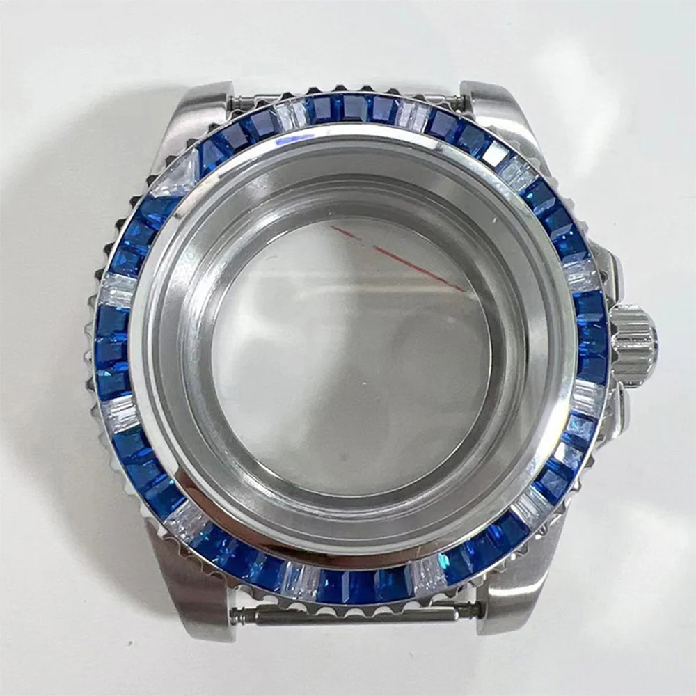 Unidirectional Red-Blue/Black/Blue/Green Crystal Bezels Transparent Bottom Watch Case 40mm Sapphire Case for NH35 NH36 Movement