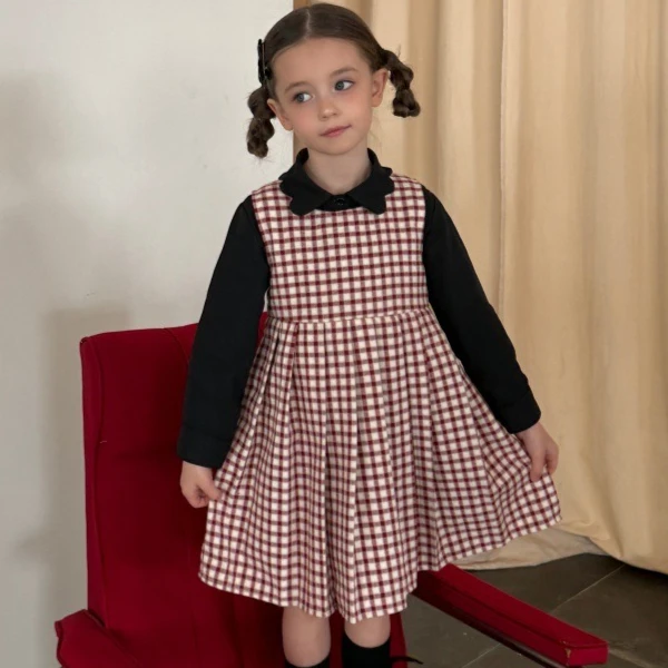 Girls Dress 2026 Autumn and Winter New Children's Clothing Korean Style Girl Baby Fashion Wool Pleated Plaids Vest Dress