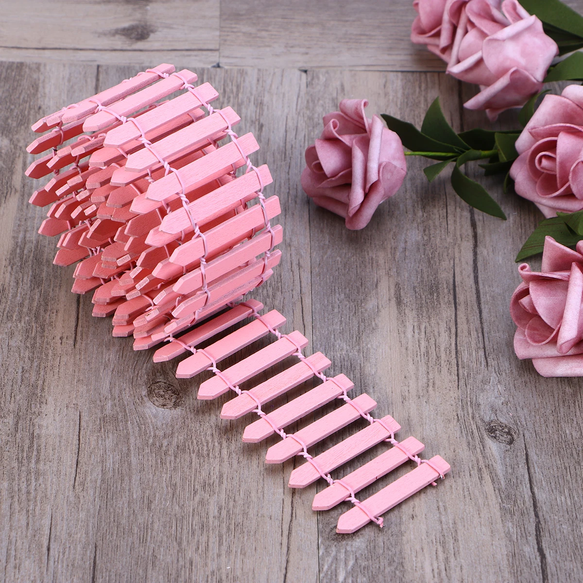 

100cm X 5cm Miniature Wooden Picket Fence Pink DIY Dollhouse Decor Christmas Tree Fairy Garden Micro Landscape Bonsai Ornament