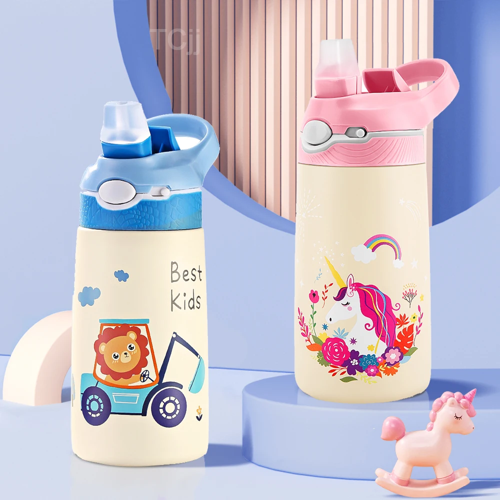 400ML Kids Water Bottle Cartoon Animal Children\'s Cup With Straw Stainless Steel Vacuum Flacks Thermos Bottle Thermal Mug Cups