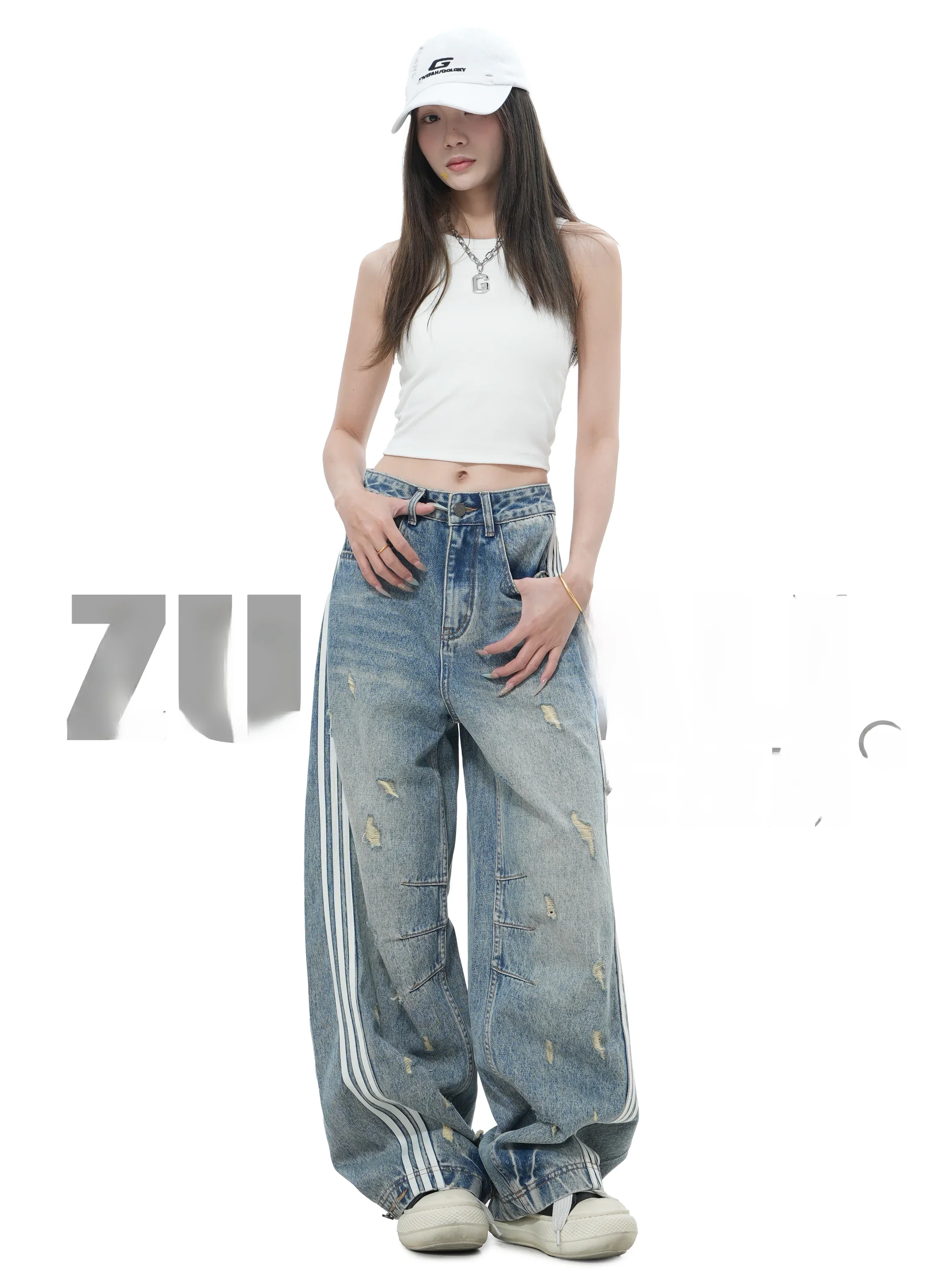 

High Waist Ripped Design American Style Wide Leg Pants Casual Loose Fit Blue Denim Jeans High Waist Loose Fit Torn Design Jeans