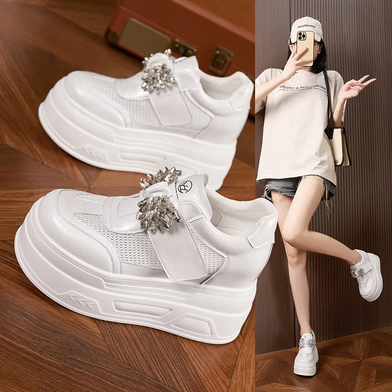 Women's Thick-soled White Shoes New Versatile Breathable Hollow Mesh Shoes Rhinestone Fashion Inner Height Increasing Women Shoe view 3