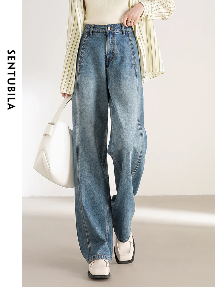 SENTUBILA 100% Cotton Baggy Jeans Women Loose Straight Wide Leg Pants Woman 2025 Spring High Street Casual Trouser W41N53650