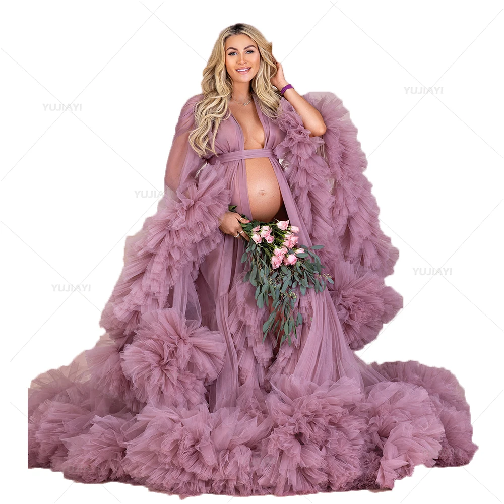 Luxury Customized Maternity Dresses for Photoshoot Tulle Robe Wedding Bridal Sleepwear Nightwear Front Split BabyShower Gown