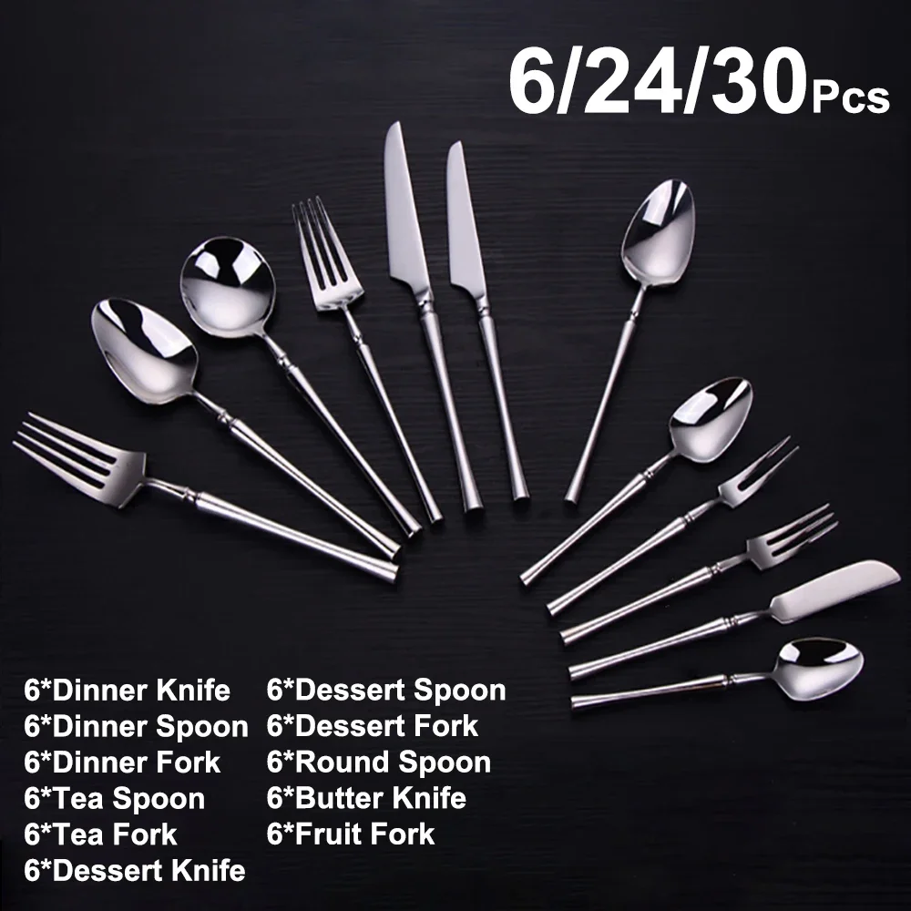 

6/24/30Pcs Sliver Cutlery Set Stainless Steel 304 Tableware Elegant Dinner Set Western Knife Fork Spoon Mirror Flatware Fork