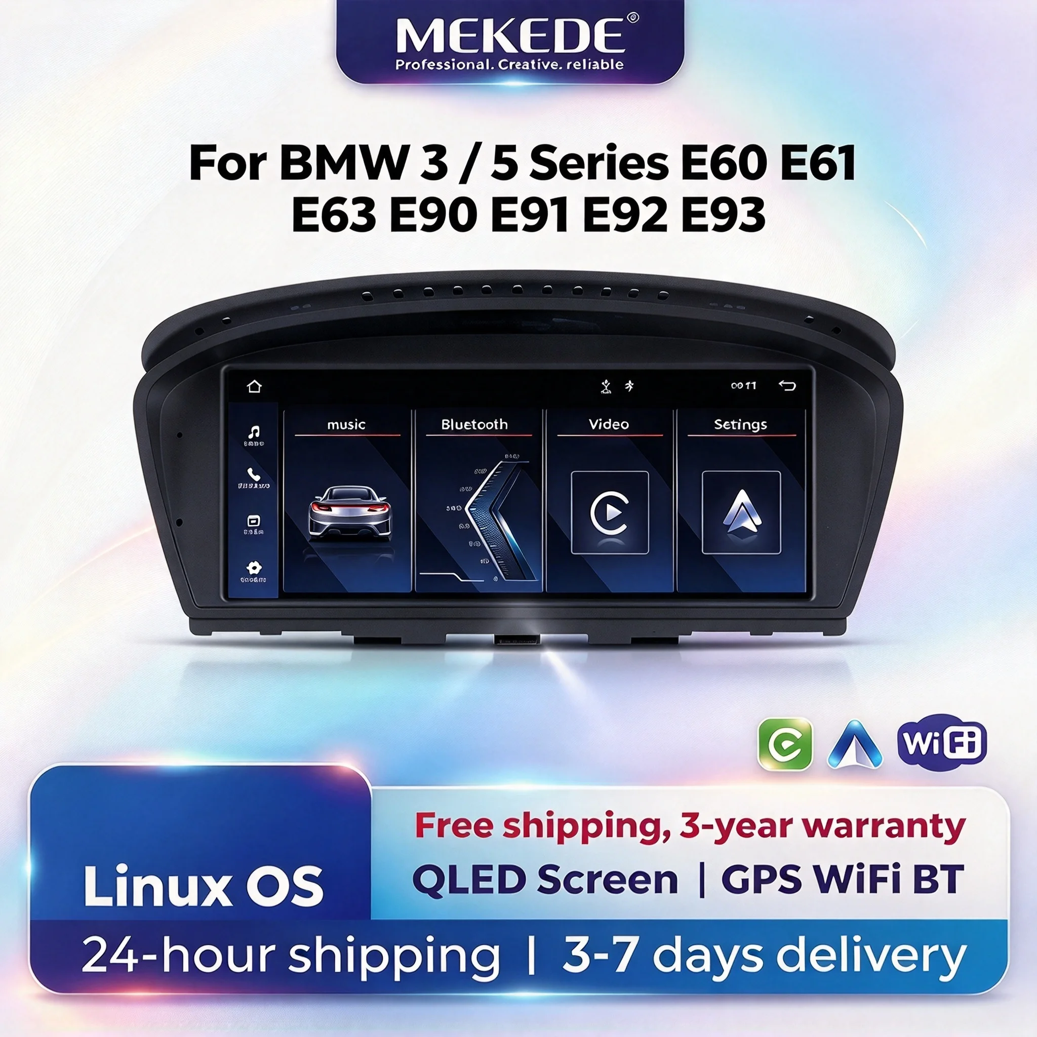 MEKEDE 8,8-calowy bezprzewodowy system multimedialny CarPlay Android Auto z nawigacją GPS do BMW serii 3/5 E60 E61 E63 E64 E90 E91 E92 E93, ekran QLED, odtwarzacz wideo 4K, radio samochodowe.