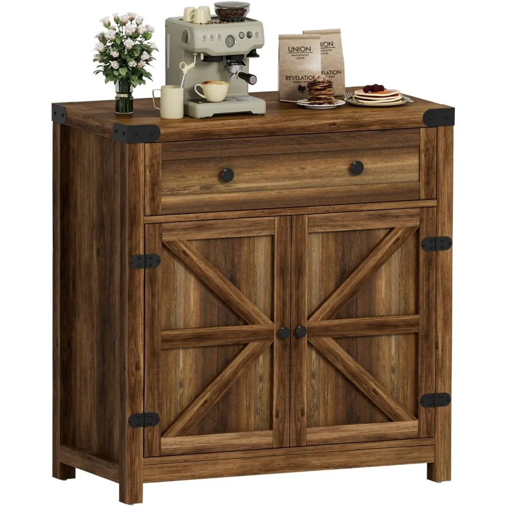 

Coffee Bar Decorative Cabinet, Farmhouse Barn Door Buffet Sideboard with Drawers and Adjustable Shelves, Wide Tabletop