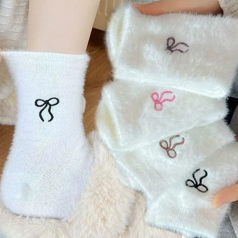 

Зимние норковые бархатные носки с бантом, женские мягкие флисовые плюшевые утепленные чулки для сна, Y2K, пушистые термотеплые носки-тапочки