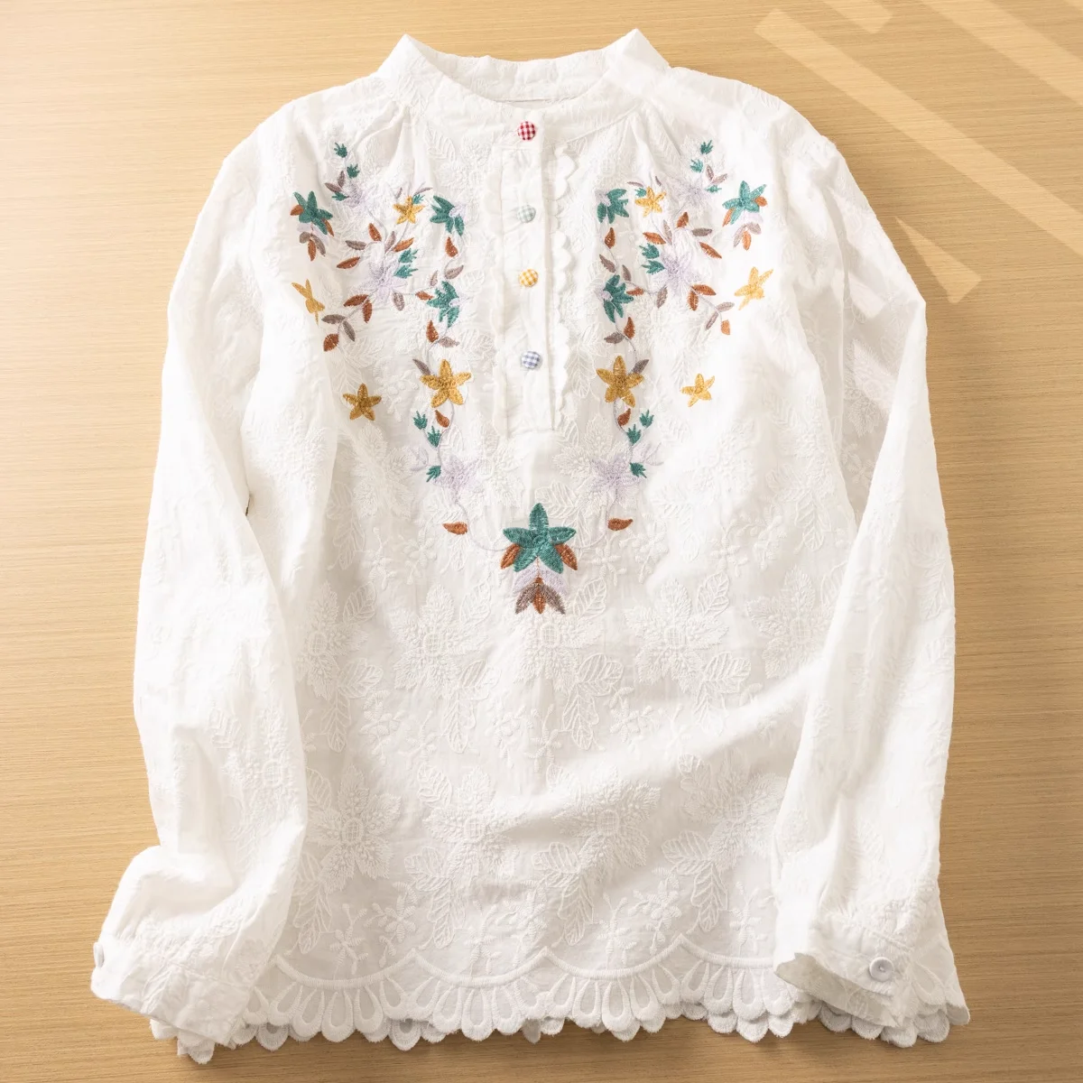 Women\'s Bohemian Blouse Ethnic Style Retro Long Sleeve Stand Collar Embroidered White Beige Shirts Vacation Shirt Top