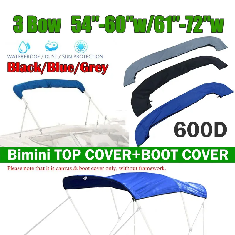 

600D Black/Blue/Grey 3 Bow Bimini Top Boot Cover No Frame Yacht 61″-72″w/54″-60″w With Zipper Anti UV Dustproof Cover Accessorie