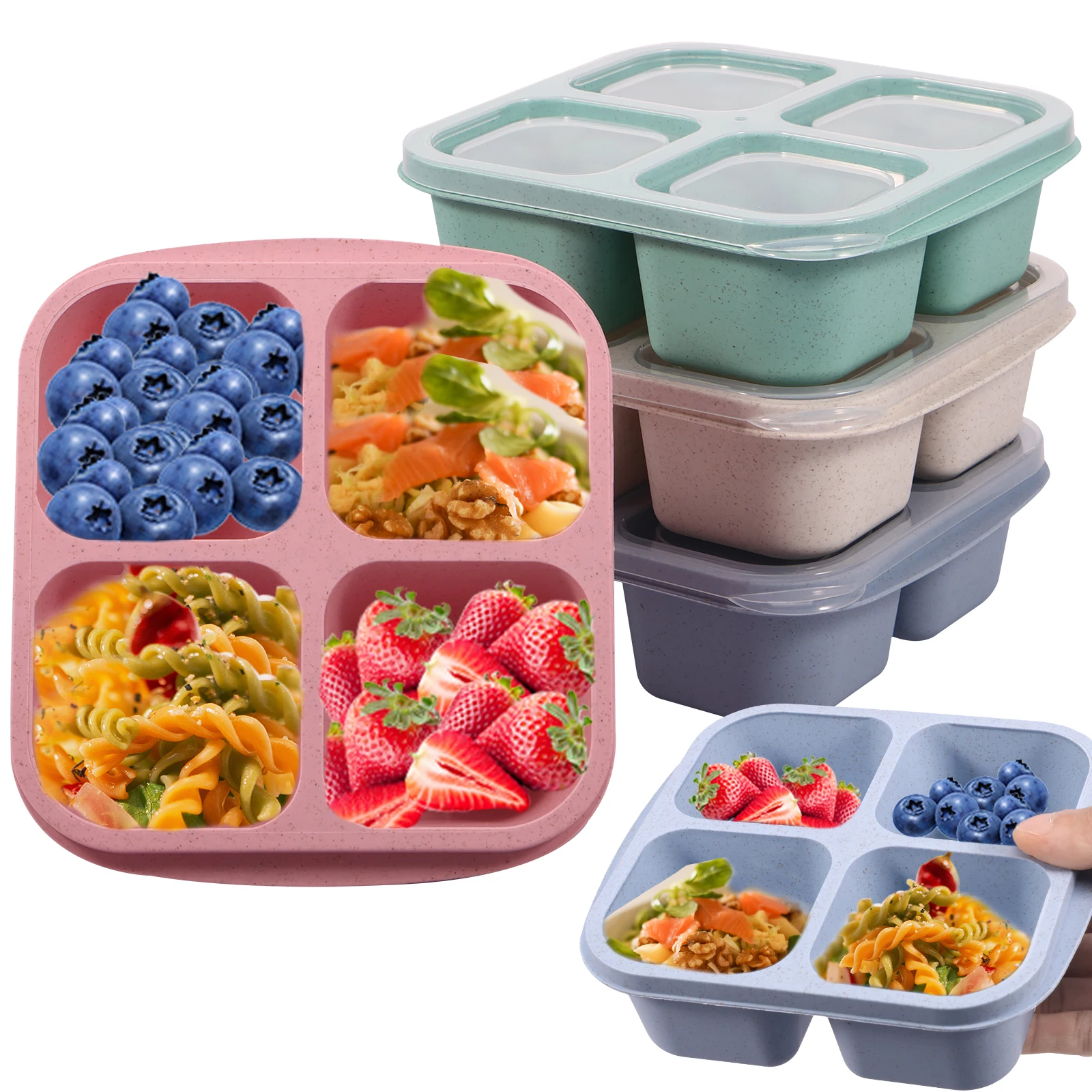 4 Pack Kids Snack Containers Including Lid 4 Compartment Bento Snack Box Stackable Snack Container 4 Colors Bento Food Box