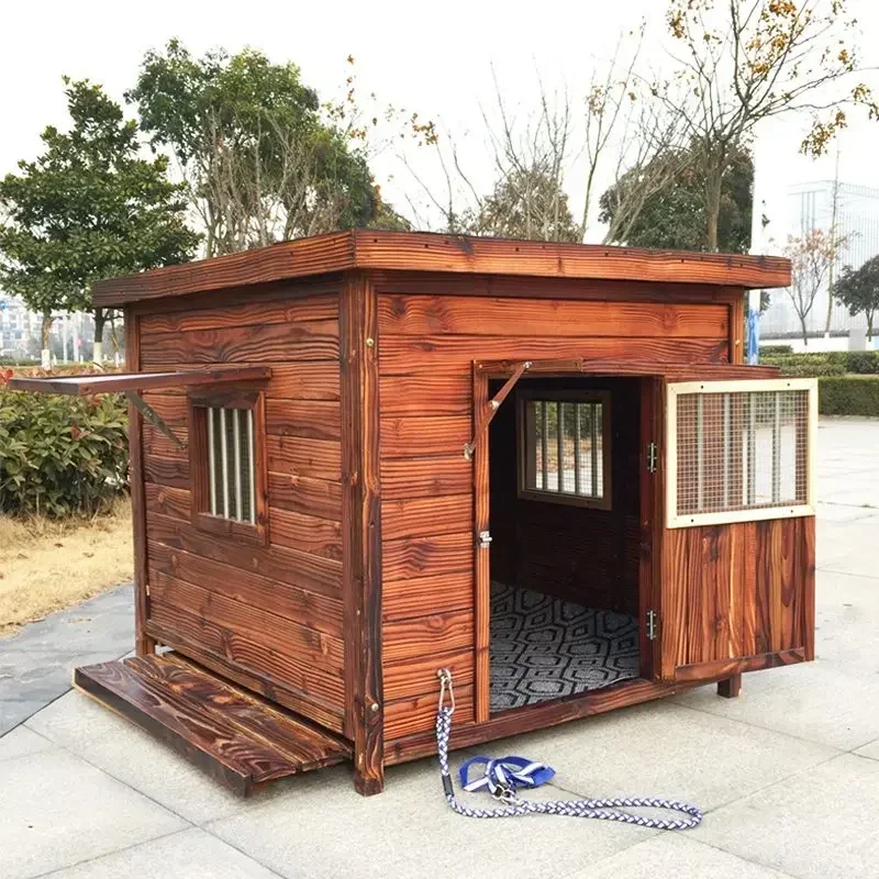 Large New Solid Wood Kennel Outdoor Waterproof Dog House With Mat And Cold-proof Pet Dog Cage Carbonized Golden Retriever Woo