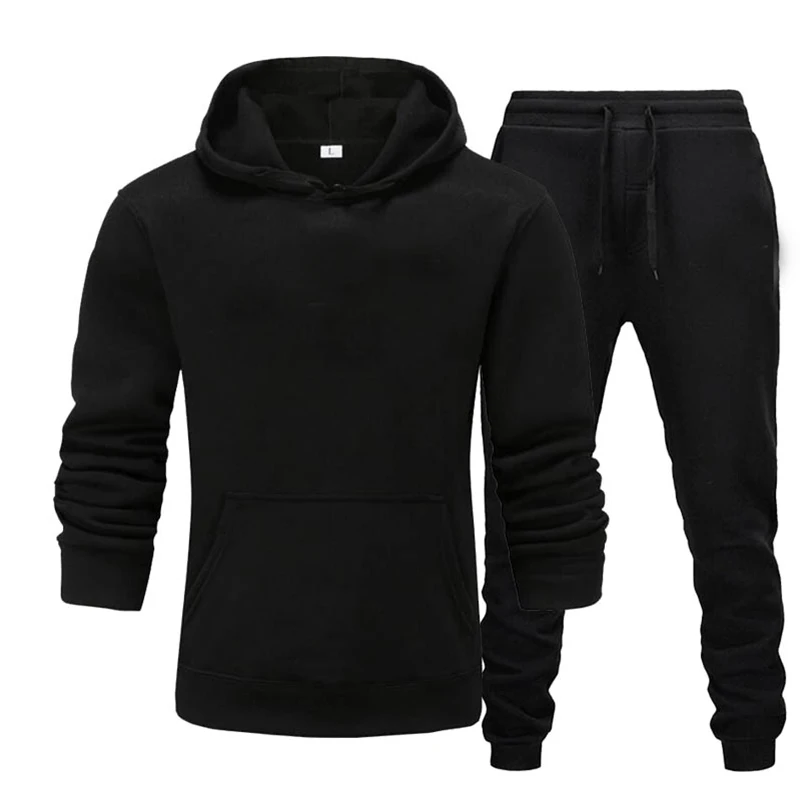 Men\'s Sports Sweater Set Simple Solid Color Men\'s Sports Wear Pullover Drawstring Elastic Hoodie Sweater+Two Piece Pants Set