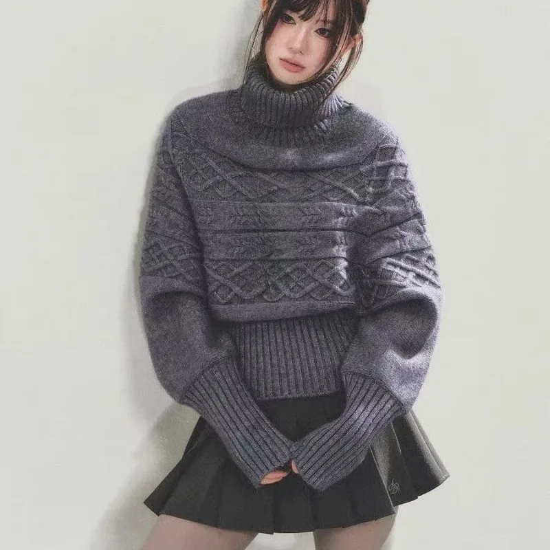 Image of Herbst Winter Frau Koreanische Mode Rollkragenpullover Süße 2000er Jahre Pullover Elegante Strickwaren Designer Ästhetische Chic Coquette