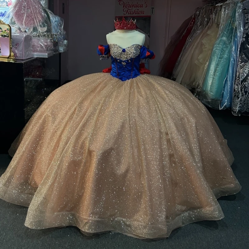 

Блестящие платья Quinceanera цвета шампанского с открытыми плечами и бисером, с кристаллами и бантом, тюлевое платье для вечеринки, дня рождения, сладкое платье 16, Vestidos 15 Anos