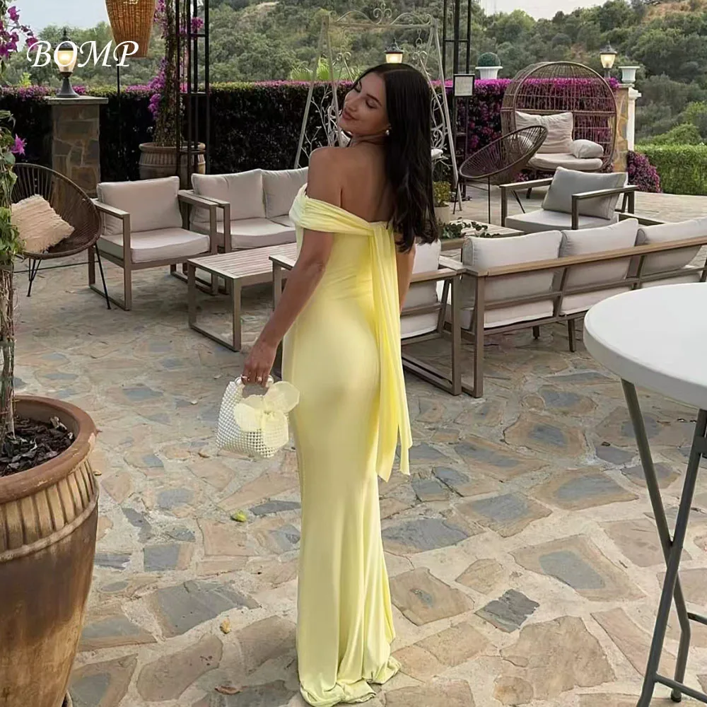 

BOMP Simple Yellow Wedding Party Dress Off Shoulder Ribbons Floor Length Mermaid Satin Evening Gown Customized Saudi Arabic