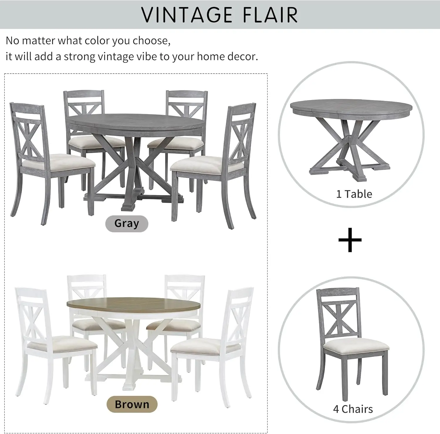 LUMISOL 5 Piece Dining Table Set, Round Kitchen Table Set with an Extendable Round Table and 4 Upholstered Chairs,