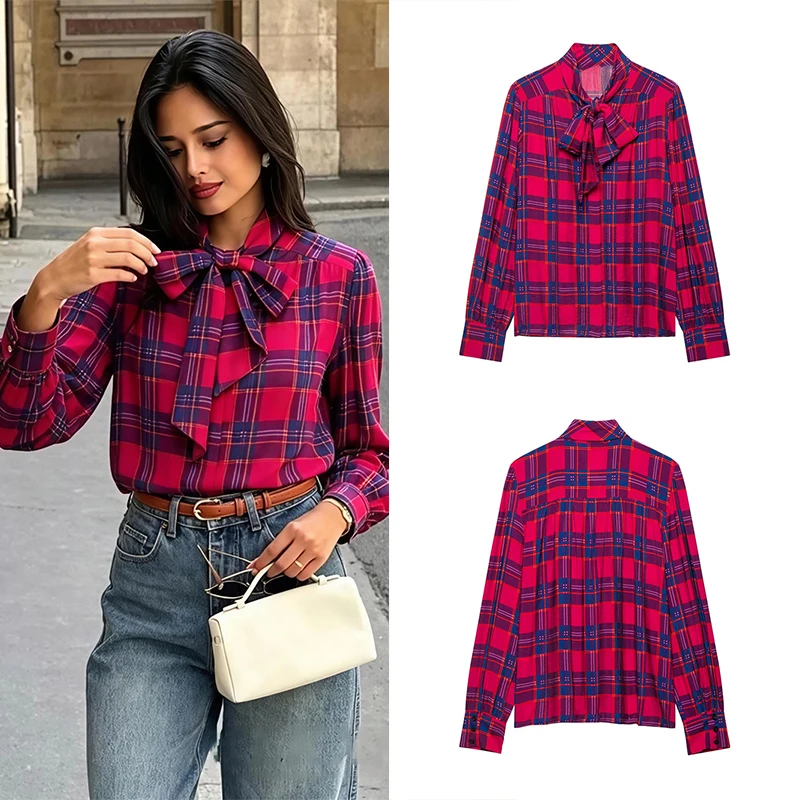 Guobioziy Women's Slim-Fit Plaid Long-Sleeve Shirt with Bow Decoration 2026 Spring and Autumn Western Casual Trendy Street Style