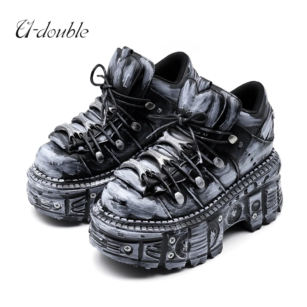 2025 Gothic Ankle Rock Boots New Punk Style Women Shoes Lace-up Heel Height 6CM Platform Shoes Woman Metal Decor Woman Sneakers