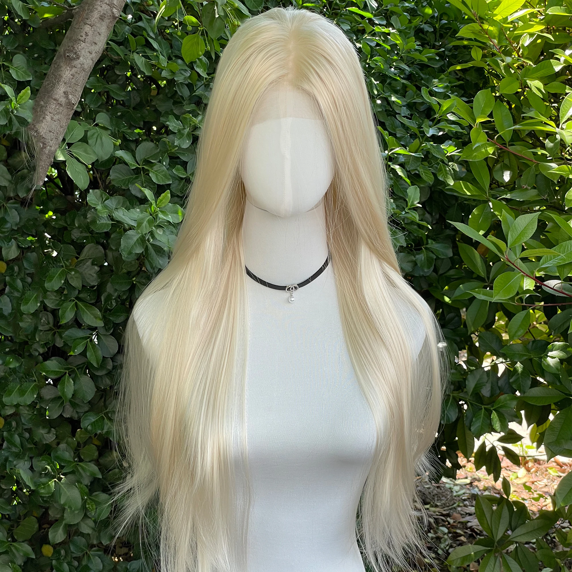 Light Blonde Synthetic Hair 13x4 Lace Front Wigs for Women 26 Inch Long Straight Free Part 150% Density Glueless Half Hand Tied