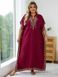 Plus rozmiar 2024 letnie haft w stylu boho Sexy V dekolt Kaftan długie sukienka tunika damskie ubrania plażowe Maxi sukienki Q1545