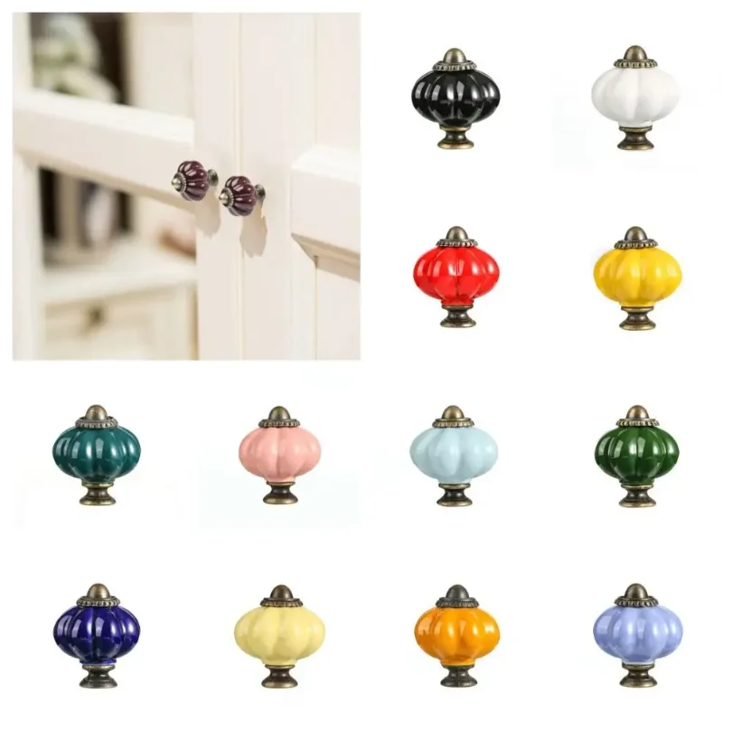 10pcsSimple Single Hole Ceramic Pumpkin Handle European Style Vintage Cabinet Knob Round Door Pull Handles Wine Cabinet