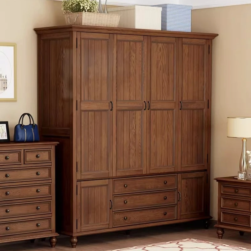 American rural all-solid wood wardrobe, retro bedroom with two doors