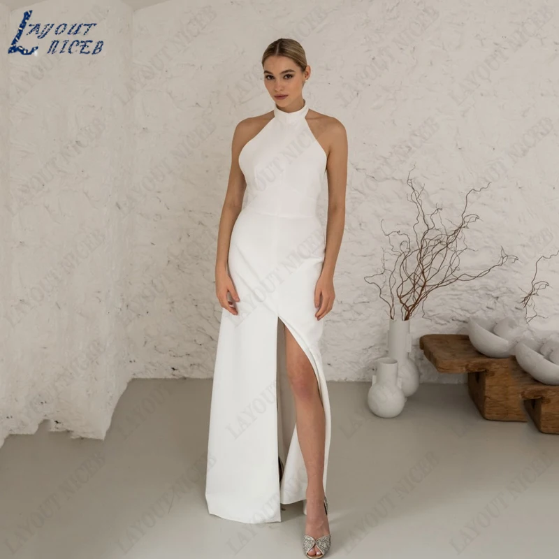 LAYOUT NICEB Halter Satin Wedding Dresses Women Sexy Button Backless Bridal Gowns A-Line Sleeveless Vestidos De Novia Side Split