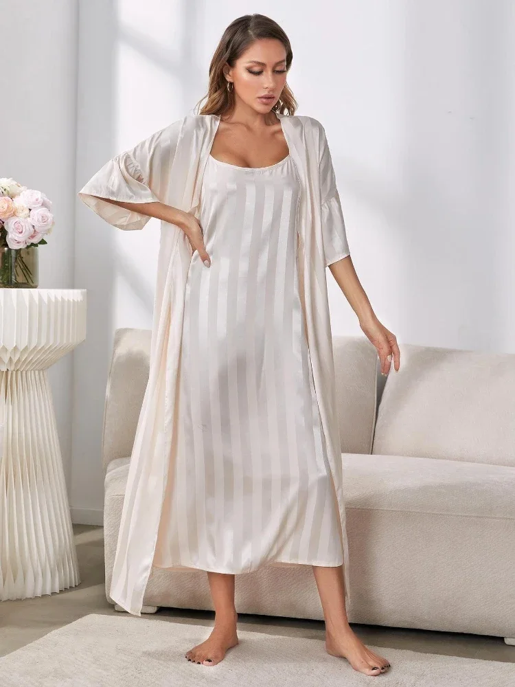 Satin Ice Silk Suspender Nightdress Female Silky Robe 2 Pcs Set Sleepwear Long Sleeve Pajamas Home Suit Bathrobes Nightgown 2023