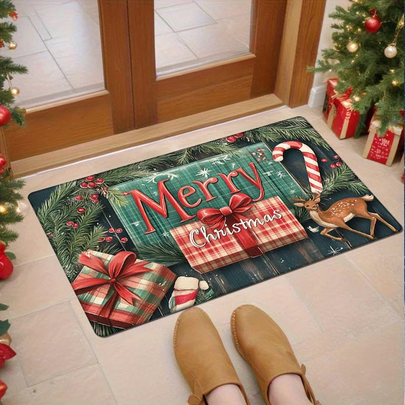 

VIKAMA Christmas Theme Entry Mat American Retro Reindeer Pattern Non Slip Water Absorbent Entrance Mat Holiday Decoration