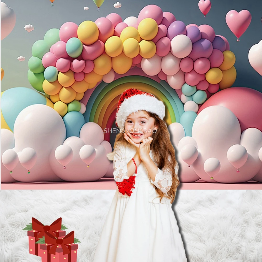 بالون ملون الطفل سنة واحدة عيد ميلاد صورة خلفيات للتصوير الفوتوغرافي اللعب الدب الزهور غرفة داخلية صورة خلفية QQ-01