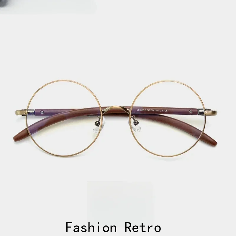 

Round Retro Men's and Women's Eyeglasses Frame Wood Grain Alloy Optical Prescription Big Face Fashion Glasses 0010 Custom Lenses