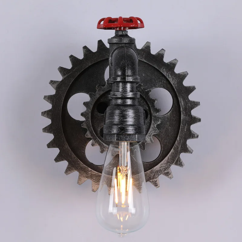 Industry Vintage Lamp Retro Loft Iron Wood Gear Wheel Wall Light Study Showroom Living Room Bar Club Cafe Lamp Bra Wall Sconce