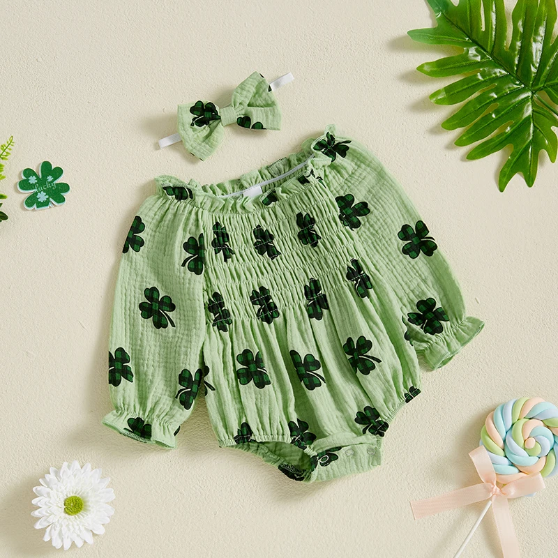 

Stylish Baby Girls St Patrick s Day Romper with Shamrock Print Ruffled Sleeves and Matching Headband for Infants and Toddlers