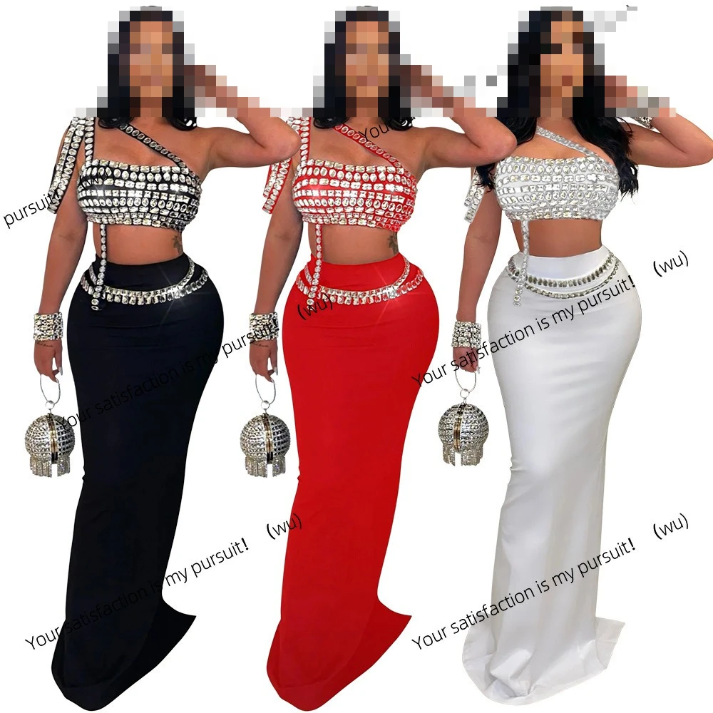 

CY901231 European and American fashion suspender short hot diamond top and slim hip skirt