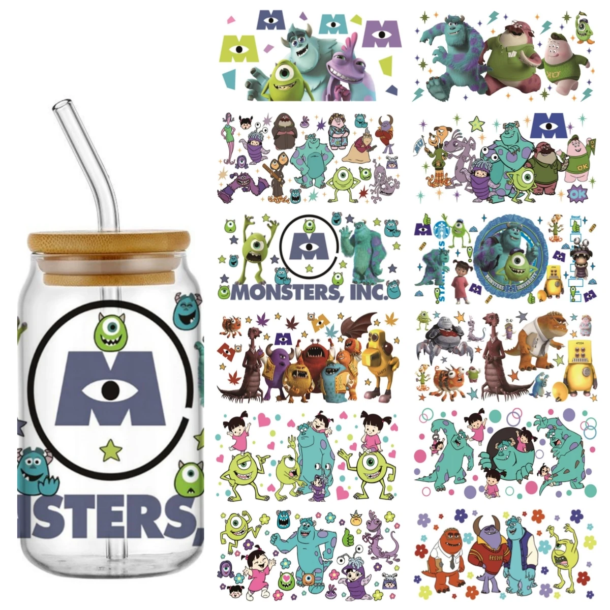 Pegatinas con diseño de Funko Monsters Inc., pegatinas impermeables UV DTF para tazas, pegatinas para bricolaje, pegatinas personalizadas impermeables para vasos Libby