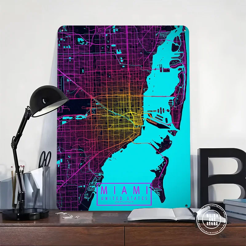 Miami City Map Neon Poster Retro 3D Printed Metal Signs Customized Wall Hanging Gift for Luxury Decoration Home Decor Items Art
