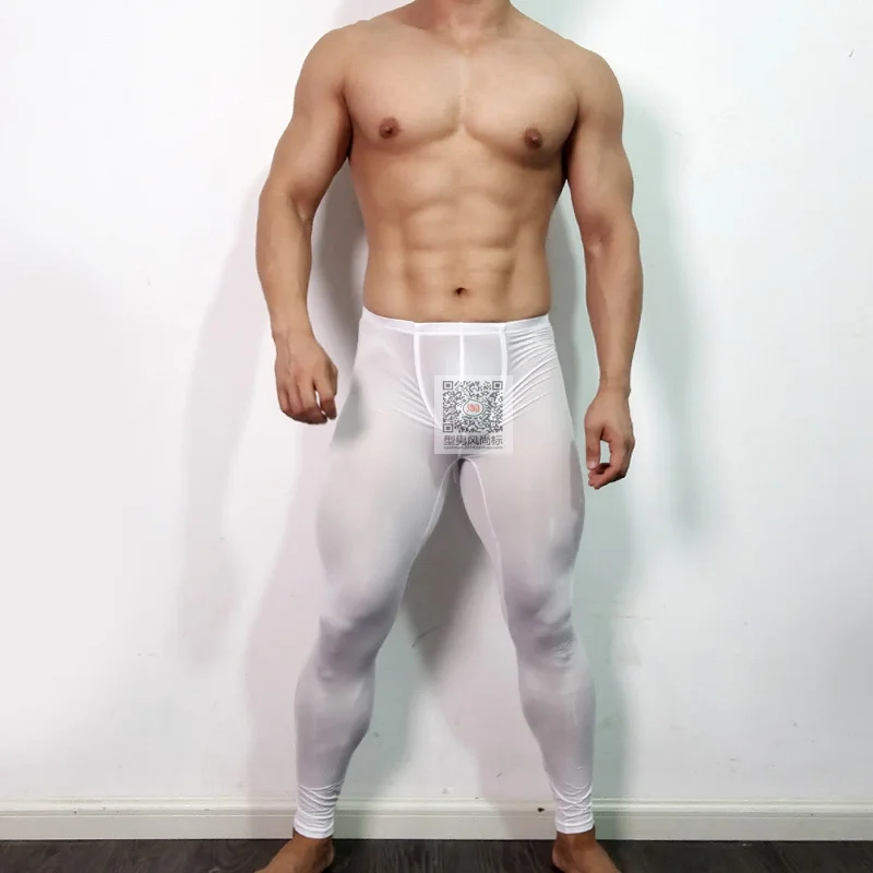 Summer Sexy Mens Transparent Ice Silk Ultra-thin Leggings Tight Pants Underwears