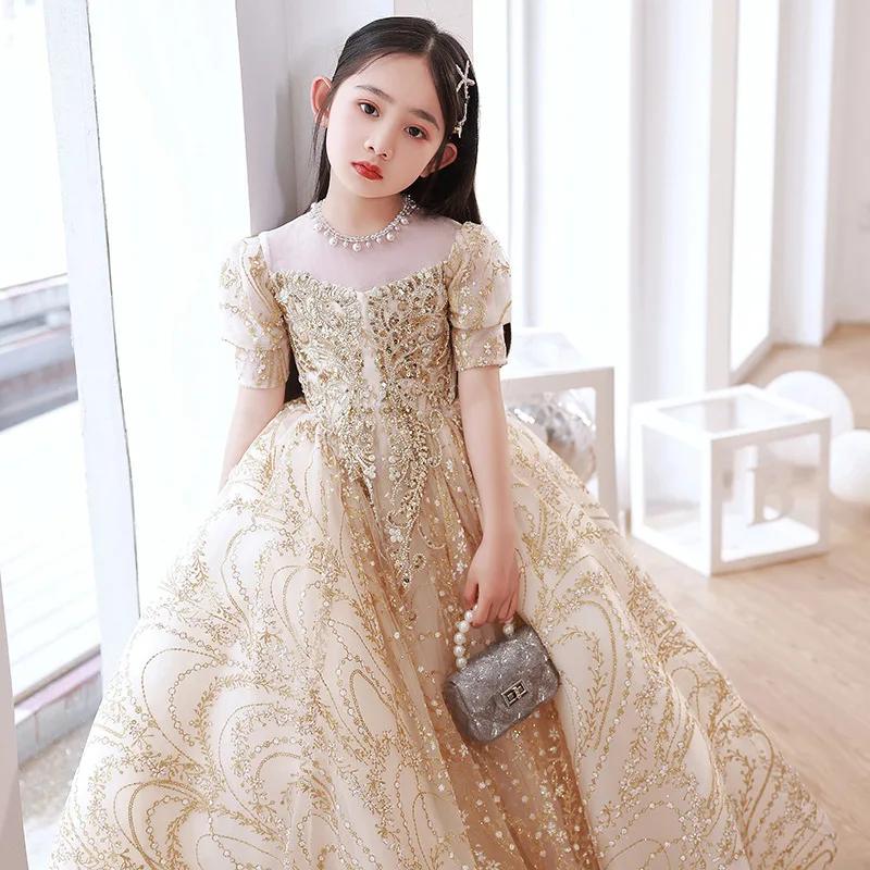 Sequins Beaded Kids Dresses Champagne elegant Princess Party Pageant Formal long Dress new Girls Dress Teenagers clothing