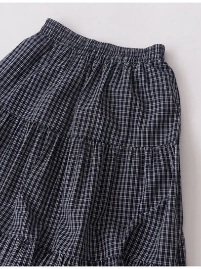 2025年夏新作 ヴィンテージ風 ラフスタイル Aライン チェック柄 ケーキスカート レディース ハイウエスト ゴムウエスト ロングスカート カジュアル 着回し抜群 綿00%