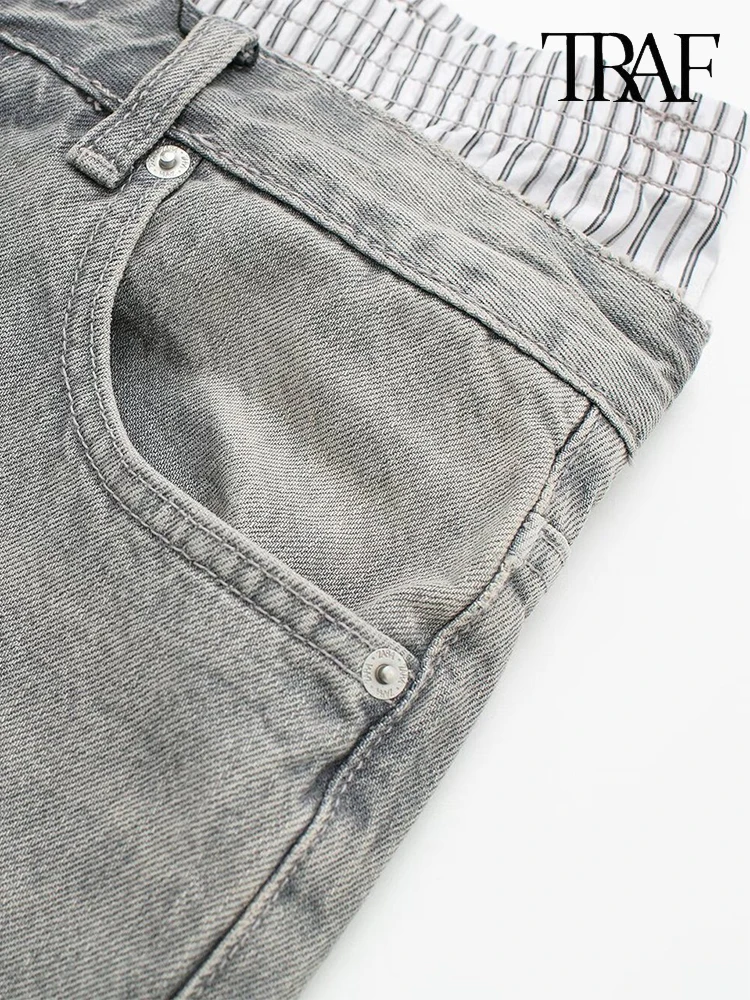 TRAF  กางเกงยีนส์ผู้หญิงสไตล์วินเทจ, กางเกงยีนส์แฟชั่นแบบประกบกันตกแต่งกางเกงขาม้านุ่มใส่สบาย