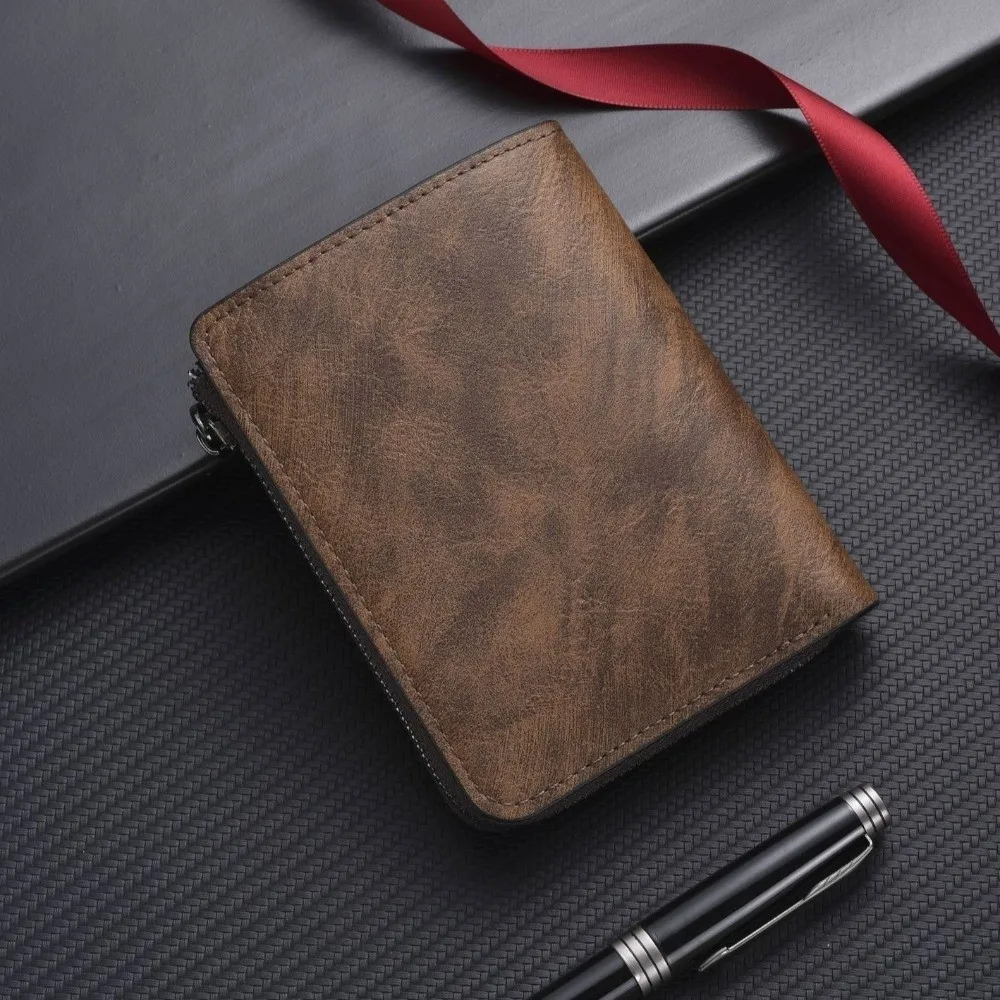 محفظة رجالية فاخرة بسحاب بلون سادة وفتحات بطاقات متعددة وحامل بطاقات عمل وإبزيم قصير ومحفظة جلدية للعملات المعدنية يوميًا #1