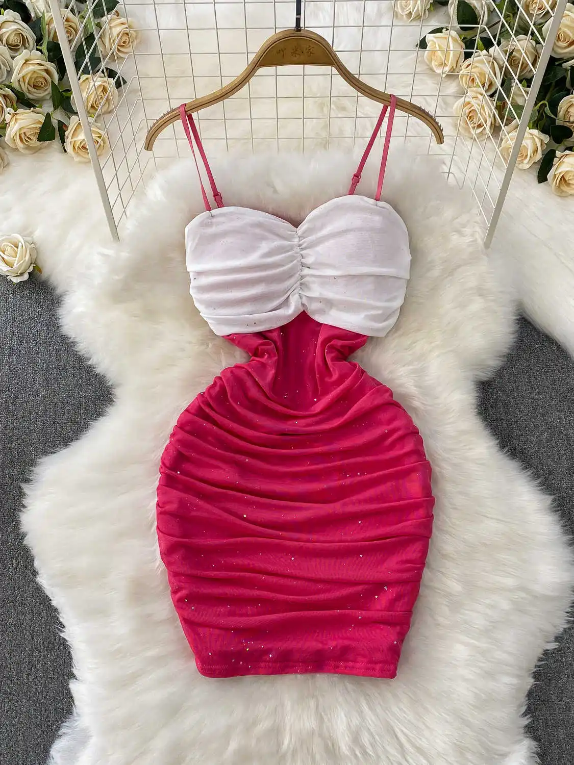 

Women's Pink Patchwork Mini Bodycon Dress Vintage Elegant Luxury Dresses Y2k Off Shoulder One Piece Frocks 2000s Clothes Summer