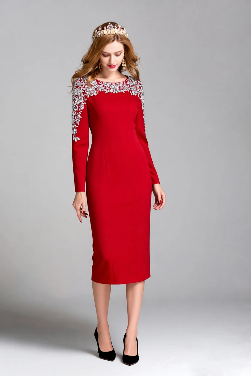 فستان كوكتيل نسائي بأكمام طويلة مع نير مزين بالكريستال الذهبي - سهرة أنيقة، حفلة، فستان أم العروس #5