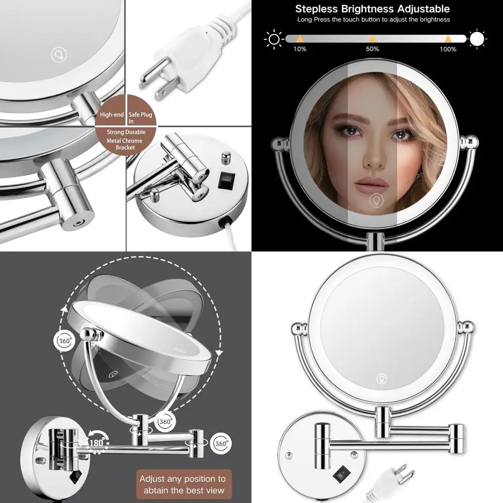 

8 2-сторонних зеркал для макияжа со светодиодной подсветкой и 1X/10X увеличением, сенсорная регулировка яркости, 360° ° Поворотный и выдвижной кронштейн для ванной комнаты