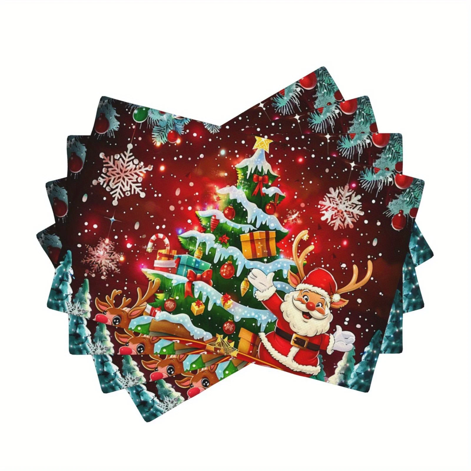 Festliches 4-teiliges Weihnachts-Tischset – Weihnachtsmann- und Weihnachtsbaum-Design, strapazierfähiges Leinen, wasserdicht und ölbeständig, pflegeleicht