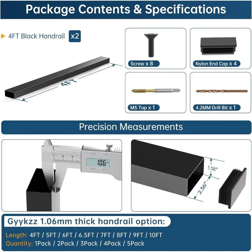 درابزين أسود من الفولاذ المقاوم للصدأ 304 خارجي مطور لأنظمة درابزين الكابلات، عبوتان، 3/64 سكة مستطيلة مسطحة، Dur #2