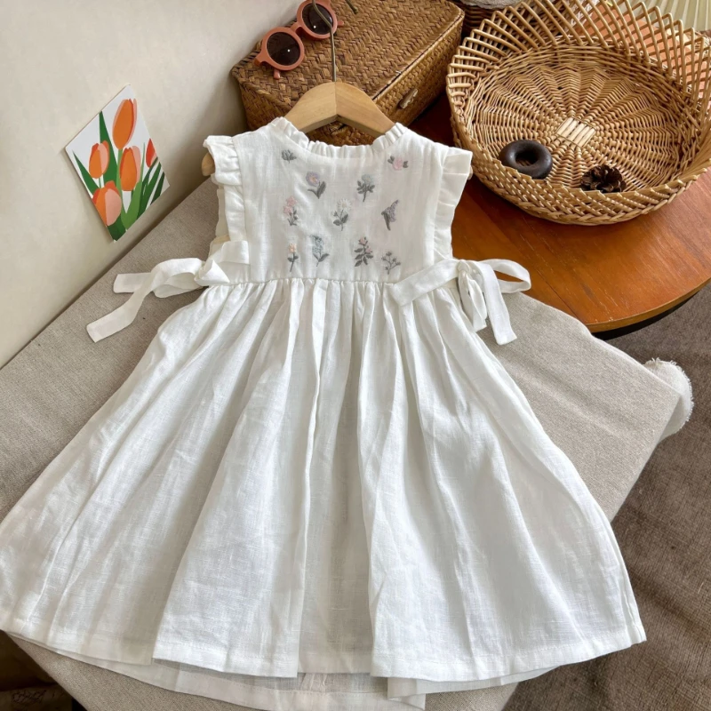 

Girls' Pure Linen Embroidered Floral Dress 2026 Summer New, Bohemian Long Gown for Toddler Kids Breathable Casual Wear