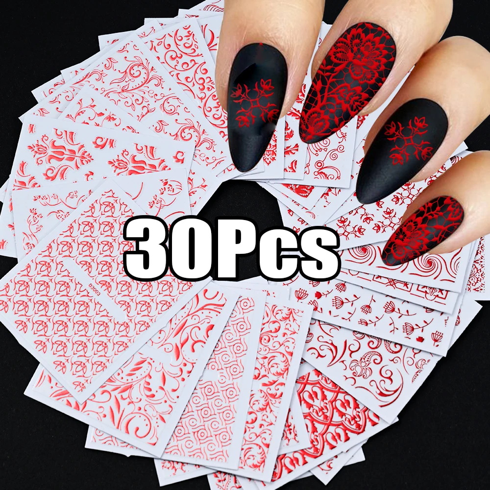 

30 шт./компл., роскошные кружевные наклейки для ногтей с красными цветами, сексуальные ажурные мандалы, красные цветы, наклейка для ногтей, 3D клейкий кружевной слайдер с цветком