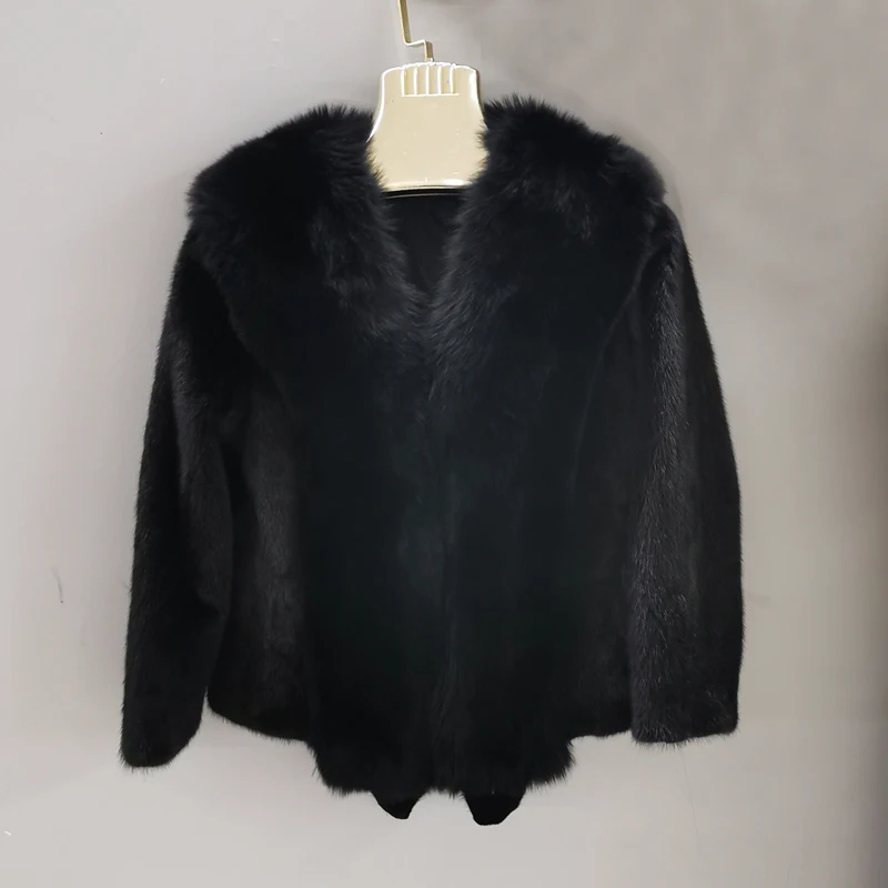 Women\'s winter fashion 100% mink fur whole skin jacket warm natural fox fur collar leather jacket high quality luxury coat